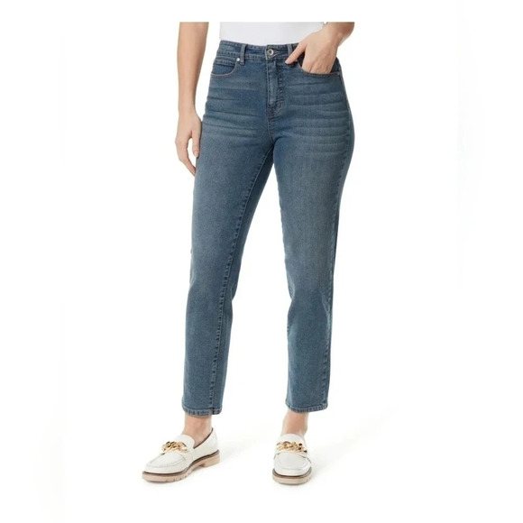 Anne Klein Distressed High Rise Taper Jeans, Color Blue Size 14 - Picture 1 of 15